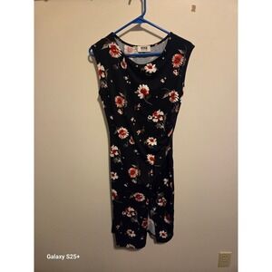 Verse Floral Midi Dress Women Medium Black Orange Excellent Ruched Side Slit